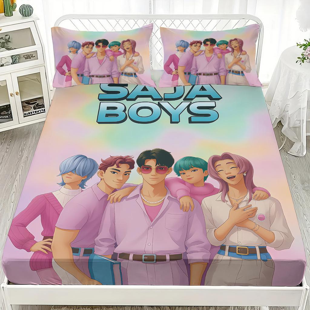 Saja Boys Team Fitted Sheet DemonHunters Print Coreless Fitted Sheet Set Multi Size Soft Bedspread Bedroom Bedding Decoration