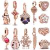Rose Gold Series S925 Sterling Silver Flamingo Cat & Rose Flower Dangle Charm Bead Fit Original Bracelet DIY Jewelry