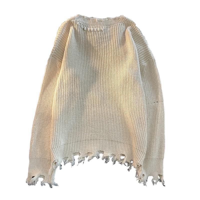 Сплошной рваный свитер для женщин и мужчин, весна-осень, необработанный край, длинные рукава, свободный трикотаж, модные универсальные трендовые пуловеры