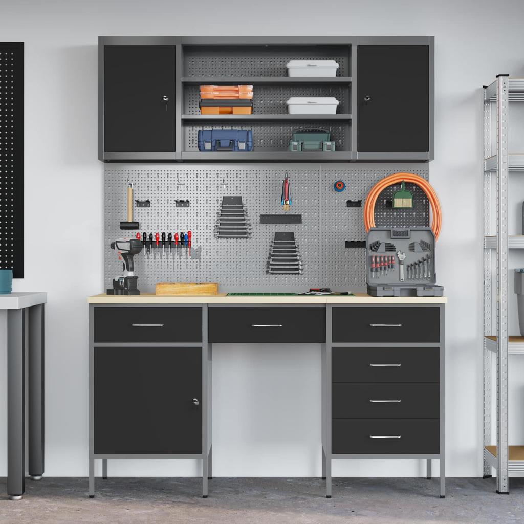 Workbench with Drawers 8 pcs Black Engineered Wood and Steel