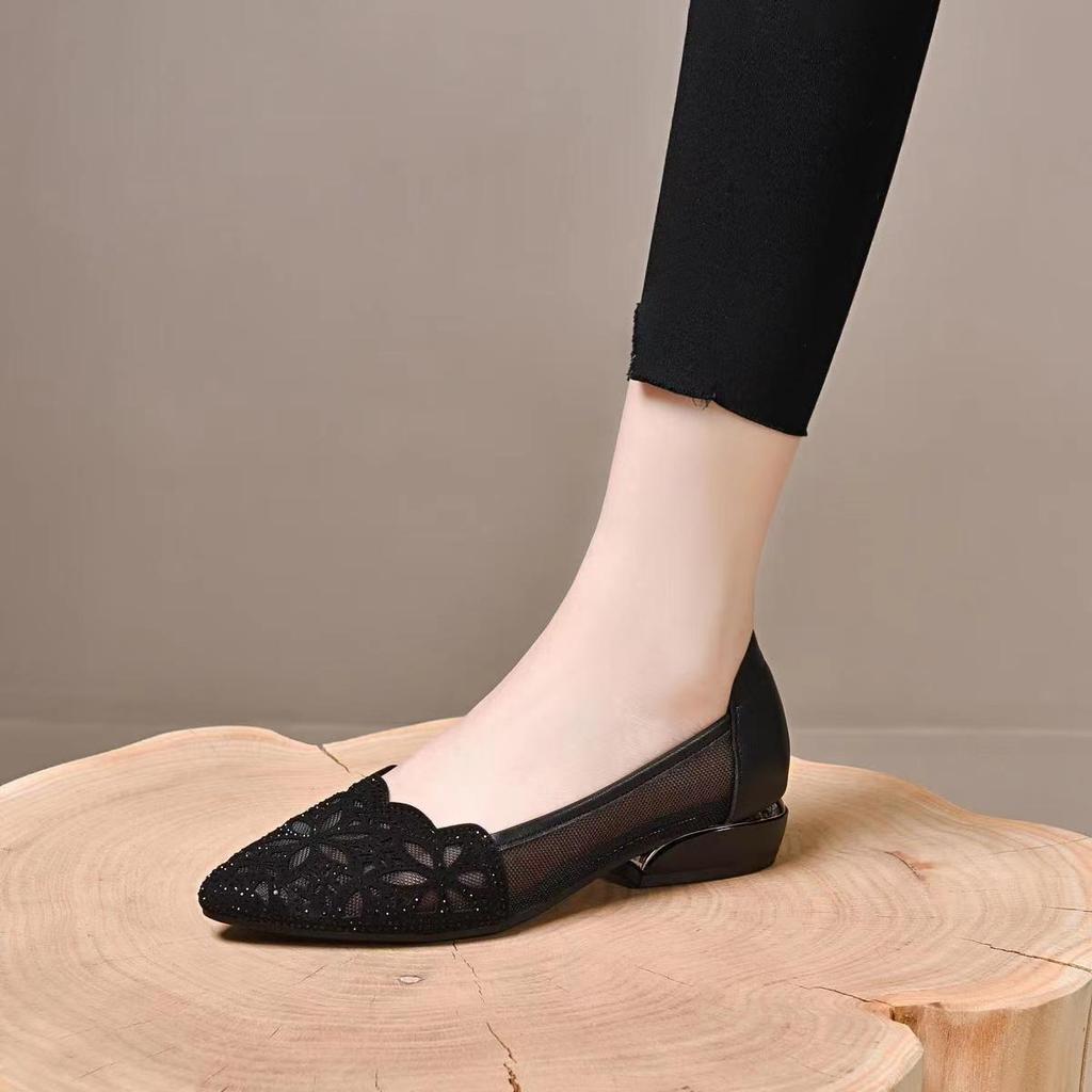 Hollow Out Sparkling Diamond Pointed Shoes for Women Spring and Summer Shoes with Thick Heels and Soft Soles Single Shoes