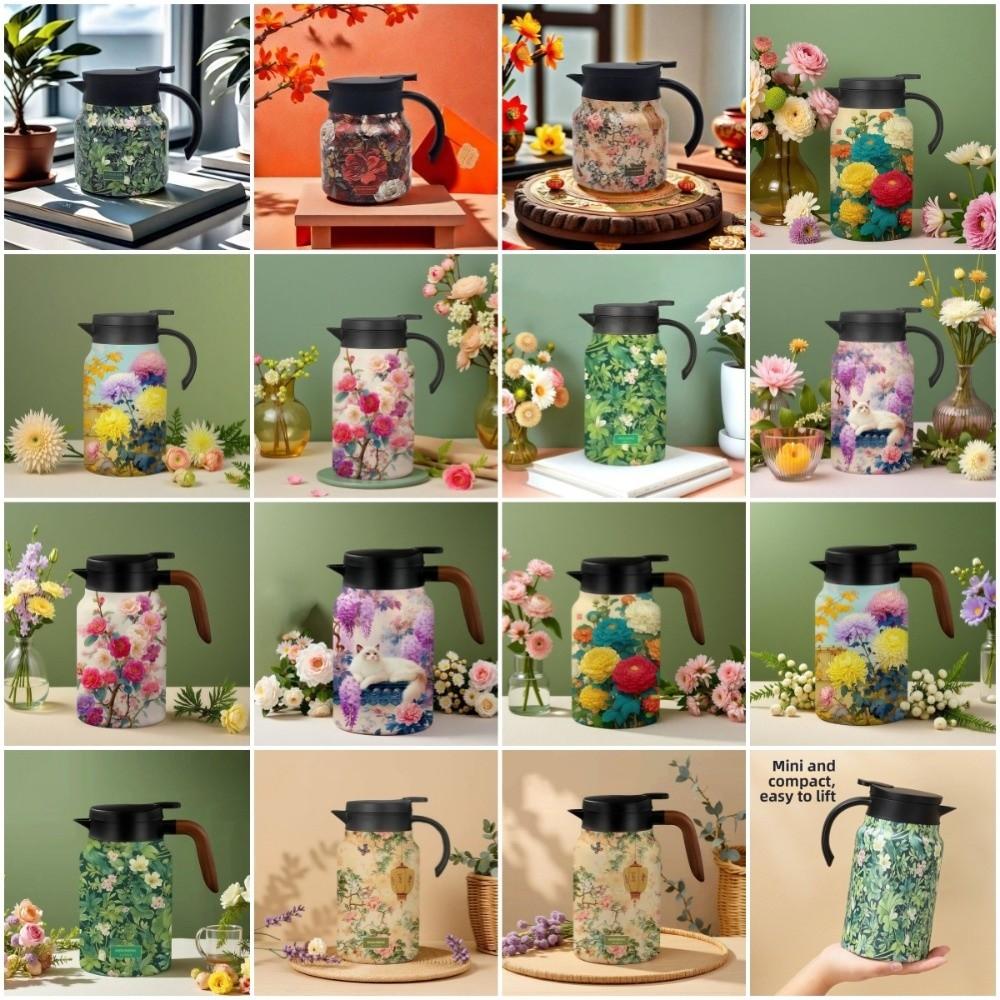 Chinese Style Retro Flower Insulated Kettle Hot Water Stainless Steel Vacuum Flask Vintage Floral Printing Water Cup for Outdoor