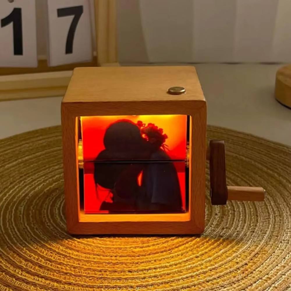 Custom Hand-Crank Animation LED Light Solid Wood Flip Photo Box Unique Memorial Gift for Couples Mother's Day Modern Home Decor