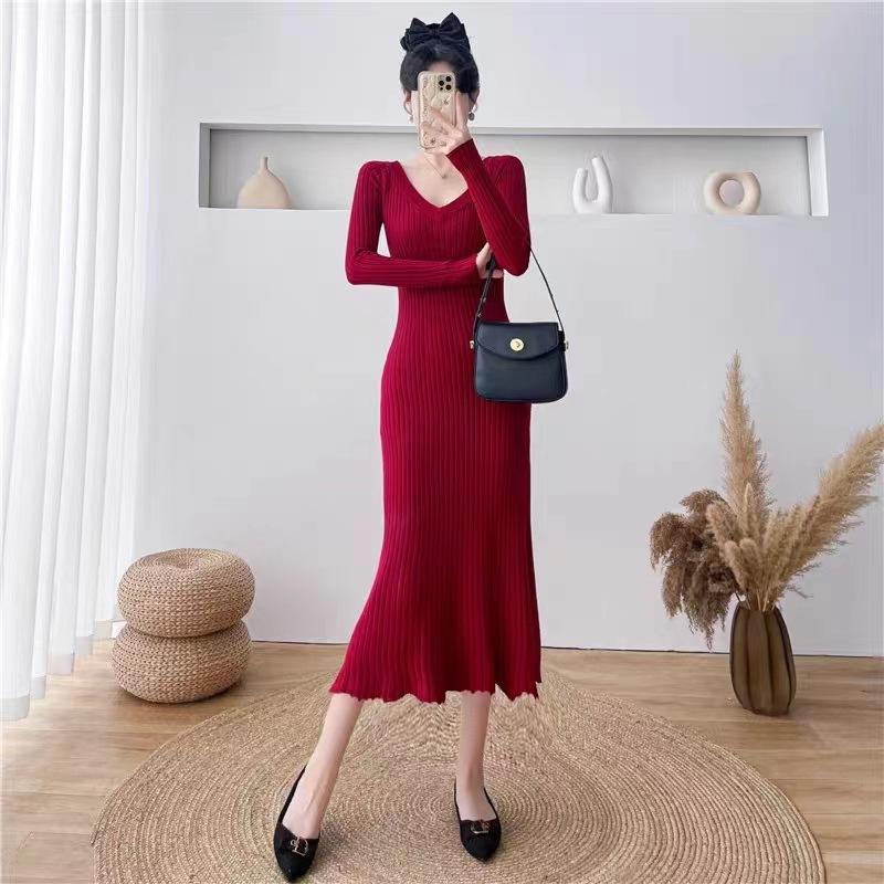 JulyPalette Solid Knitted Dress Fall Winter V-neck Slim Long Sleeve Dress Elegant Ladies Black Midi-length Sweater Dresses