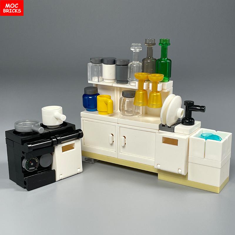 Конструктор MOC Кухонный шкаф Посуда Инструмент Кофеварка Машина Диспенсер для воды Рабочая поверхность Обучающий строительный блок Детская игрушка