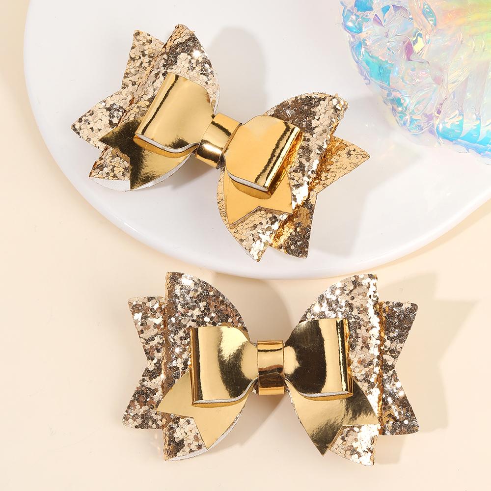 2Pcs Gold Sequin Bow Hair Clip Elegant Sparkly Glitter Leather Hairpin For Baby Girl Children's Daily Hair Headdress Accessories