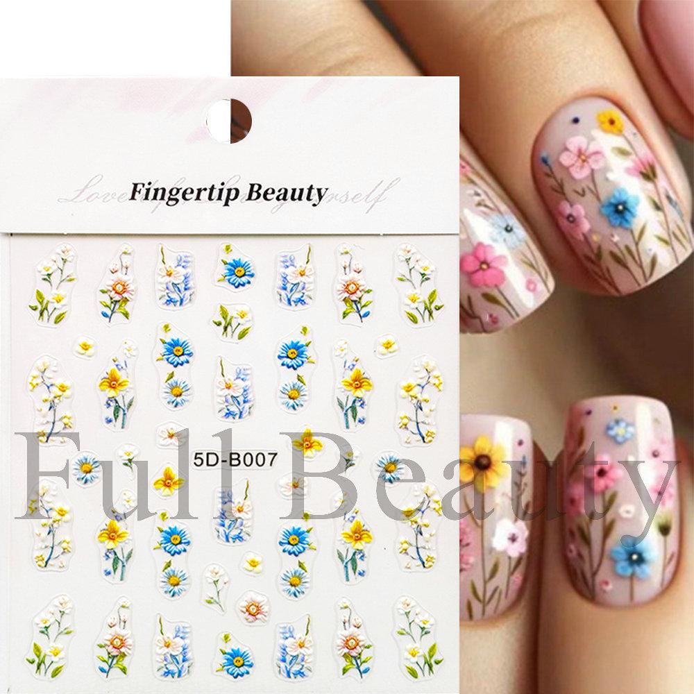 Nail Art Stickers Ins Relief Three-dimensional 5D Summer Oil Painting Small Flower Flower Adhesive Nail Stickers