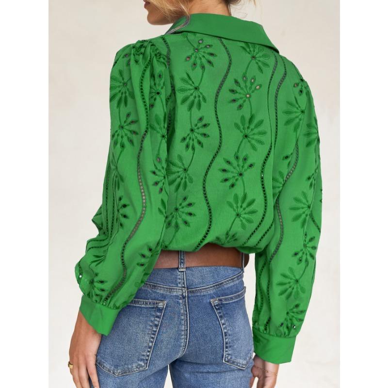 Elegant Loose Fashion Lace Women Shirt Casual Hollow Out Puff Long Sleeve Top Single-breasted Office Blouse Solid Sweet Simple Lapel Women's Clothing
