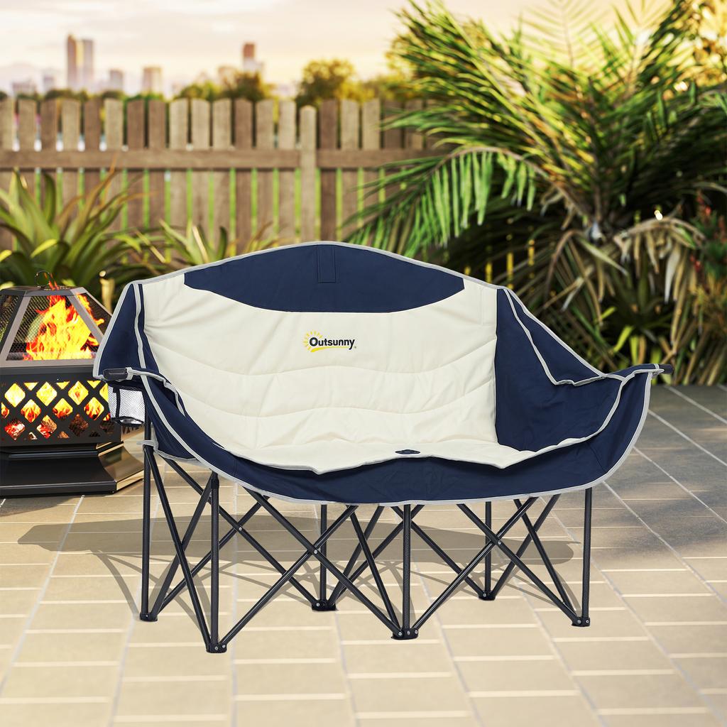 Folding Chair Foldable 2-Seater Camping Chair with Drink Holder Carry Bag Holds up to 250kg Blue