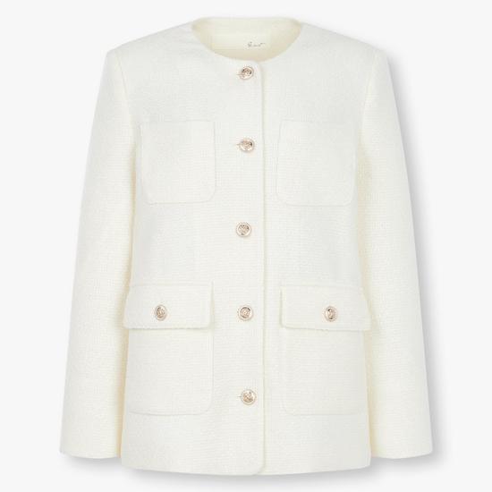 Out Pocket Notch Collar Tweed Jacket - Ivory