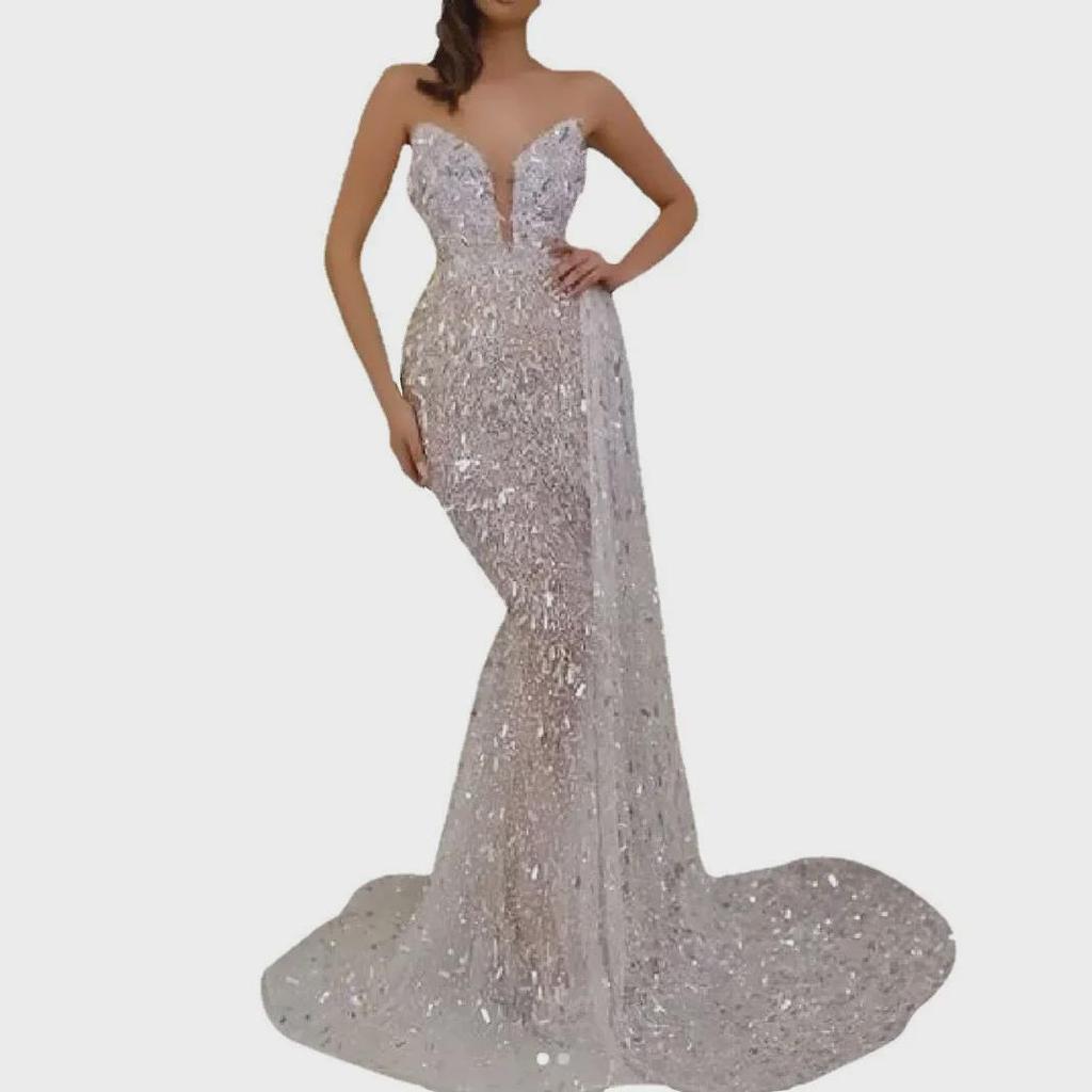 Женское сексуальное серебристое платье макси с V-образным вырезом на подтяжках 2025 года
