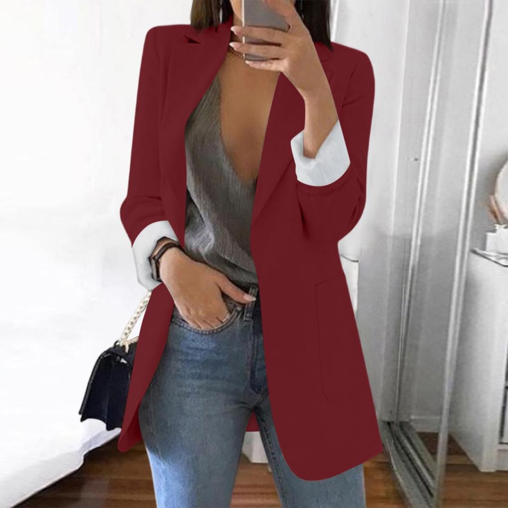 Women Solid Open Front Pockets Cardigan Formal Suit Long Sleeve Blouse Coat