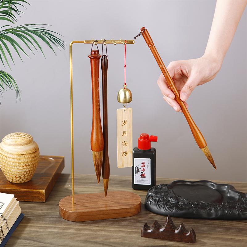 Латунный держатель для китайских кистей с основанием из ореха, подставка для каллиграфических чернил, держатель для 10 игл и кистей для письма