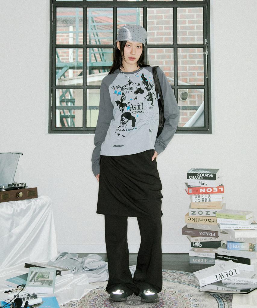 ODDSTUDIO Kitsch Stamp Pintuck Raglan Long Sleeve - Gray Blue