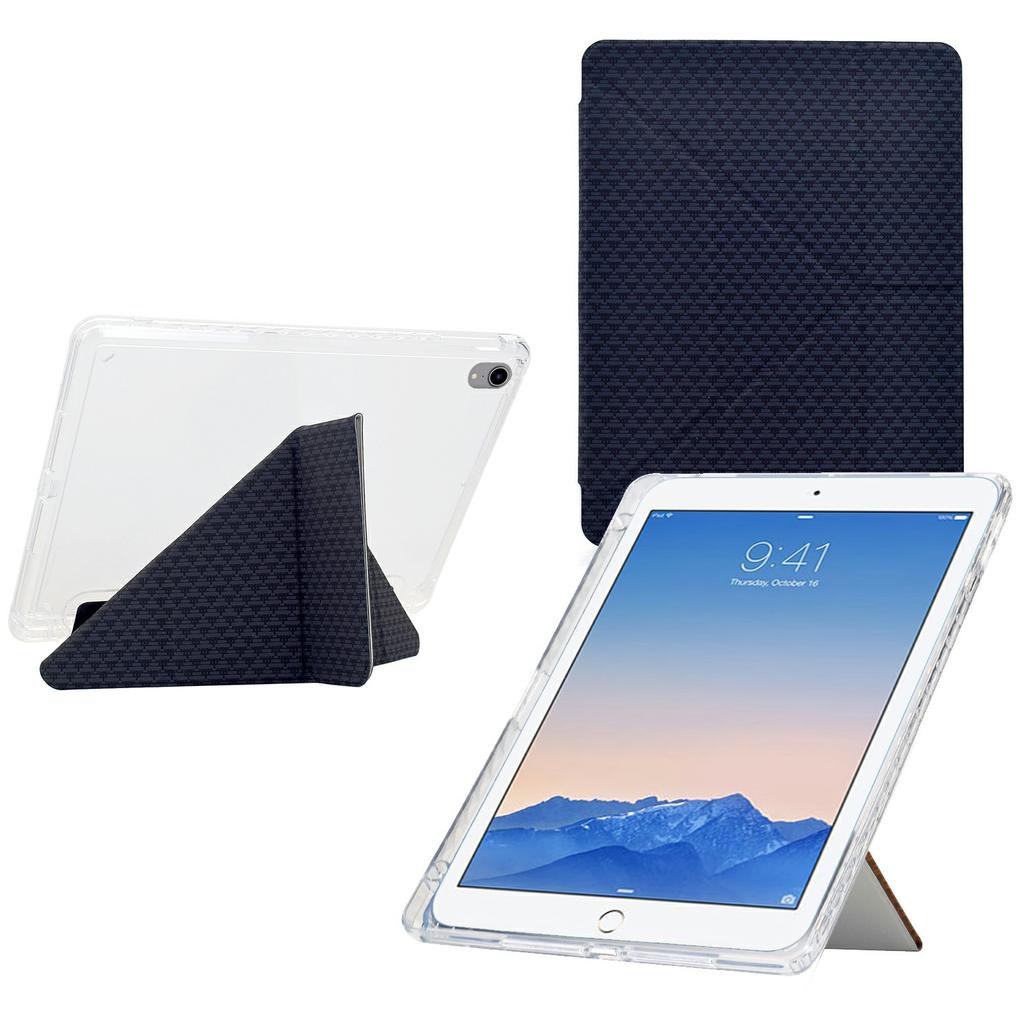 Tablet Case For iPad 9.7-inch (2018)/(2017)/Air 2/Air (2013),Y-Fold Stand Pyramid-Patterned Leather+Clear Acrylic Cover