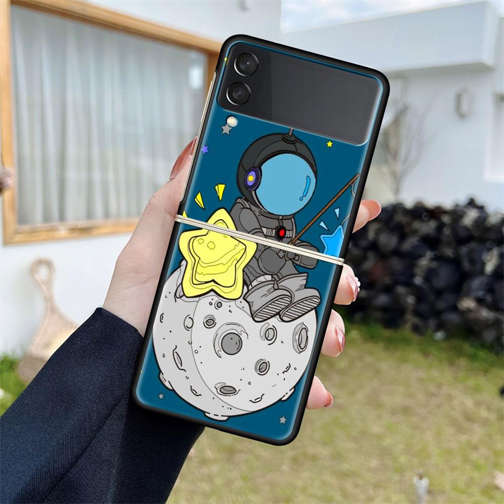 Роскошный чехол для Samsung Galaxy Z Flip 4 3 5G, черный ПК, жесткие чехлы для телефонов, модная задняя крышка ZFlip Funda, мультяшный крутой мешок астронавта