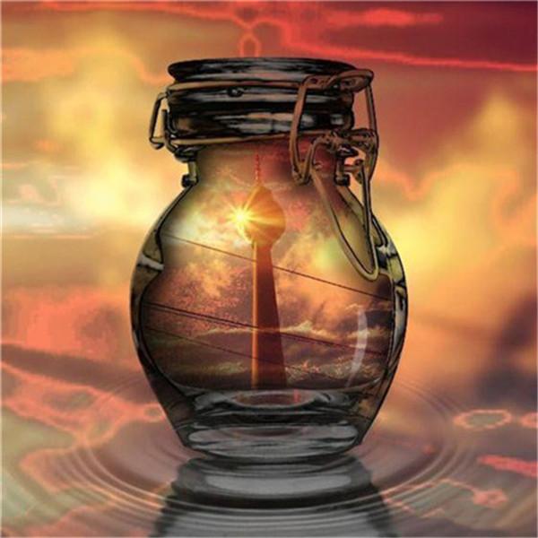 5D Алмазная картина Полная круглая бутылка Фотографии Стразы Алмазная вышивка Пейзаж Закат Мозаика Ремесленный комплект