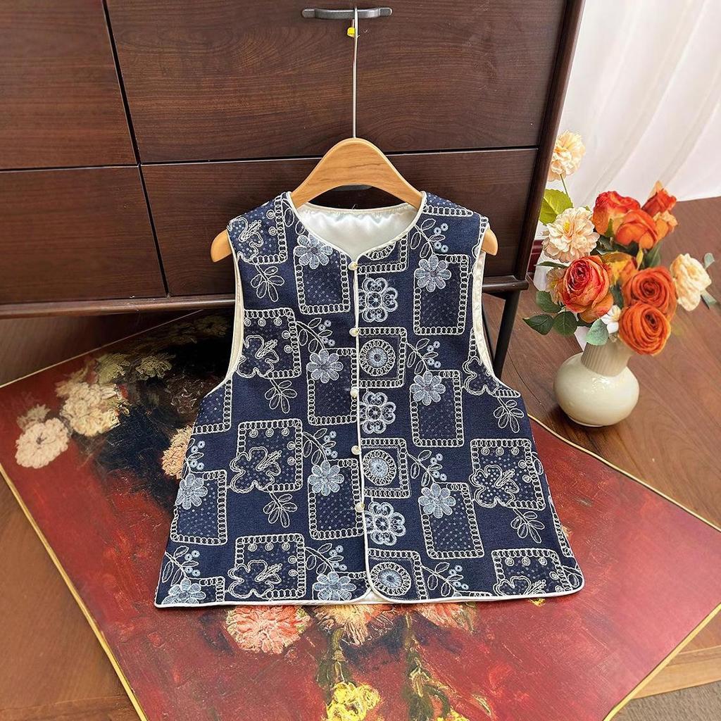 2025 Spring Women's Blue & White Porcelain Embroidered Vest - Sleeveless, Loose Fit
