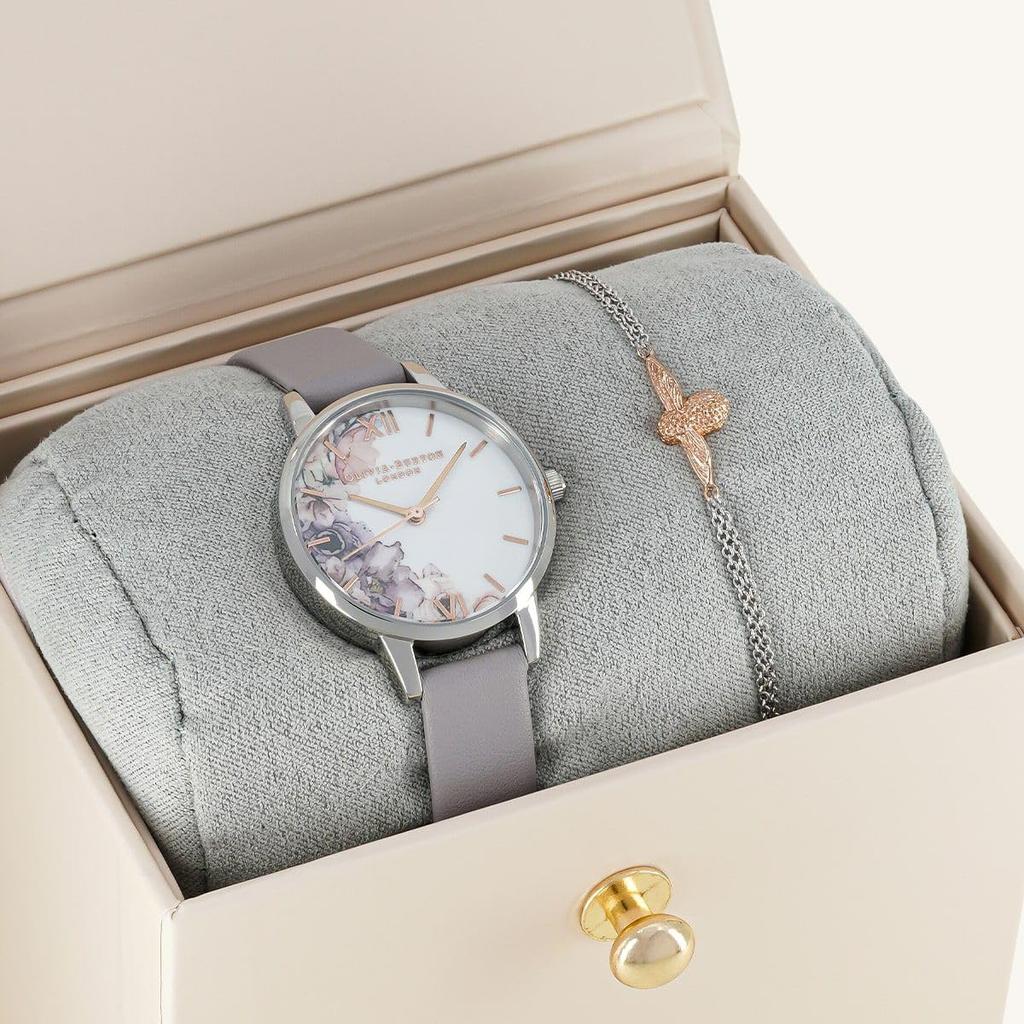 Authorized Distributor Olivia Burton Watch Water Color Floral Midi Gray Silver Rose Gold 3D Bee Chain Bracelet Silver Rose Gold Women's & & &