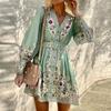Fall Women's Long-sleeved V-neck Loose Print Boho Dress