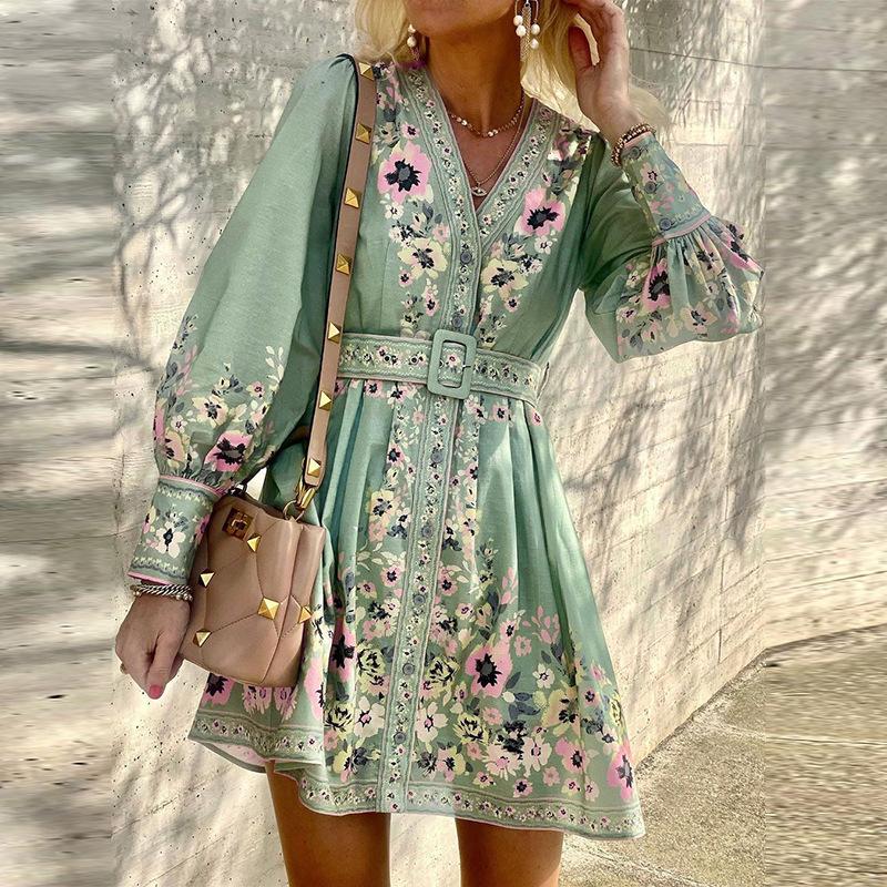 2025 Autumn New Style, Women's Wear, Long Sleeve, V-neck, Loose, Printed, Bohemian, Dress, Retro Flower Pattern