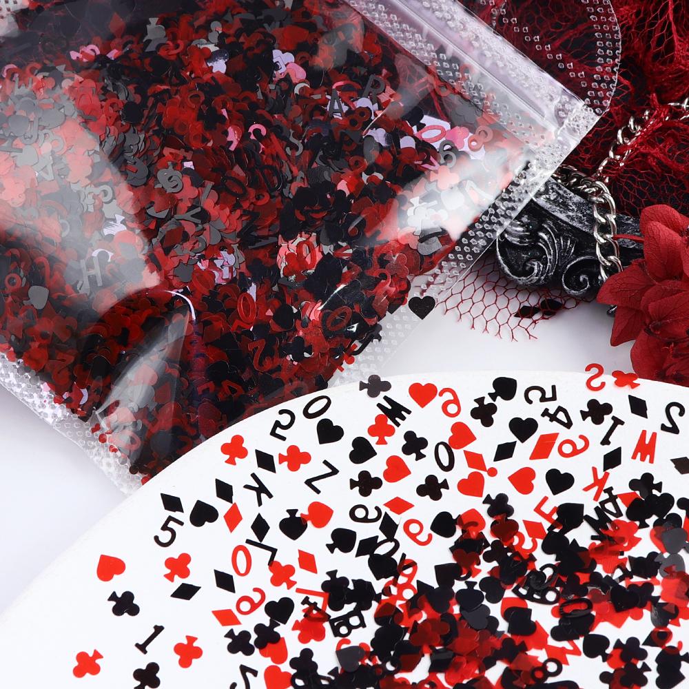 10g Red Black Nail Sequins Decorations 3D Poker Heart Numbers Letters Flakes for DIY Nail Art Supplies Nail Manicure Accessories