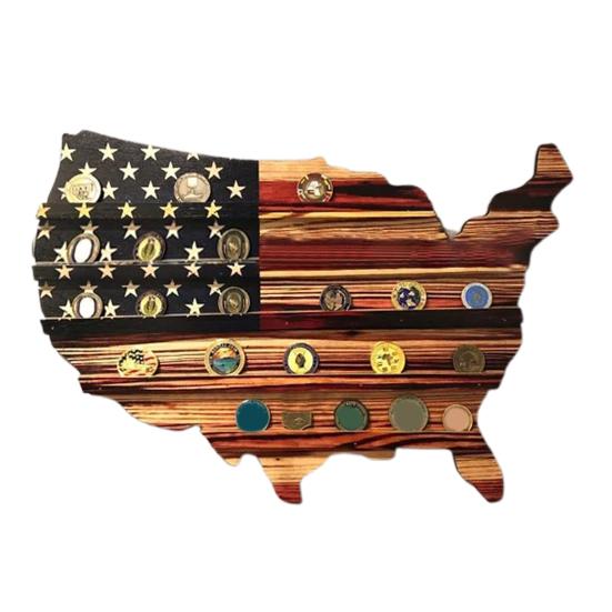 Challenge Coin Display Stand Wooden American Flag USA Map Shape Coin
