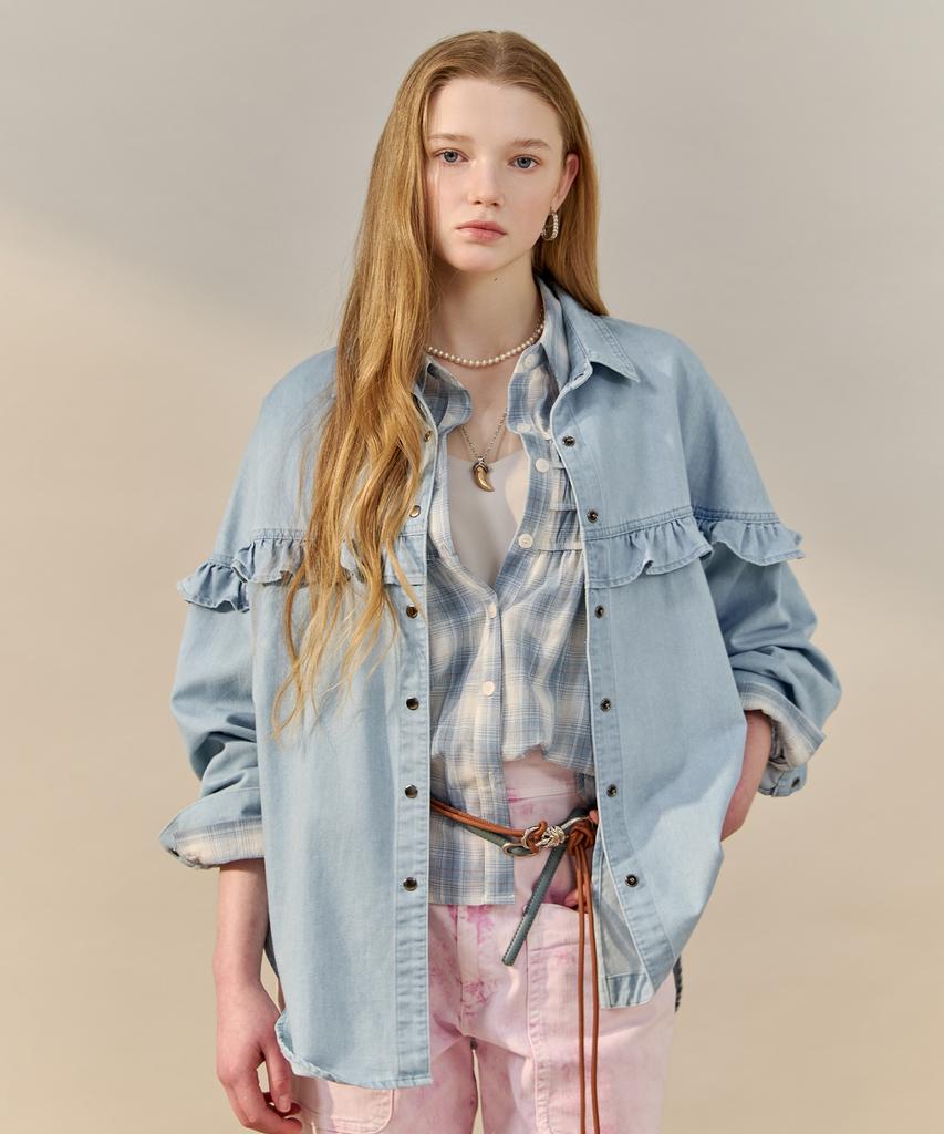 MAXZA Ruffle Point Loose Fit Denim Shirt