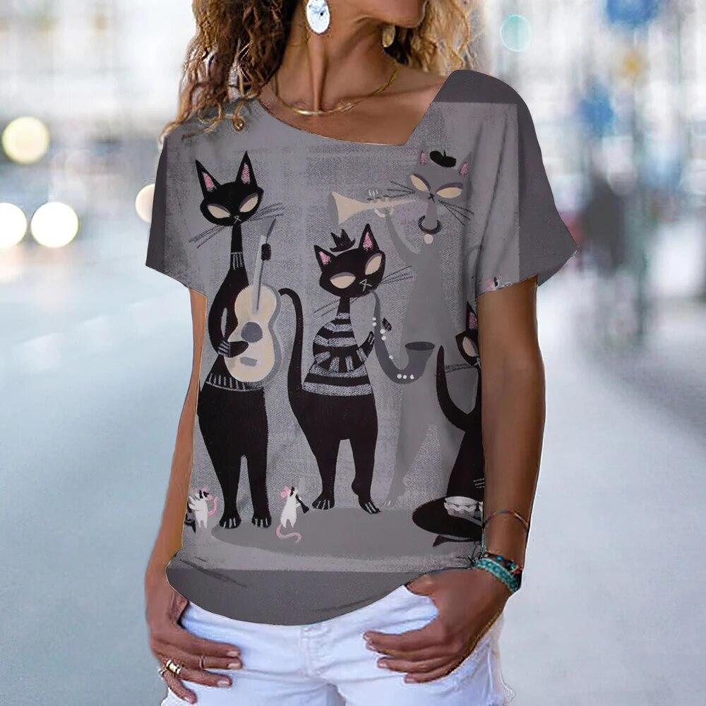 Винтажная футболка с котенком, женская футболка с рисунком кота в стиле аниме, блузка с v-образным вырезом, летняя одежда большого размера с коротким рукавом, женская одежда в стиле Харадзюку, повседневная уличная одежда