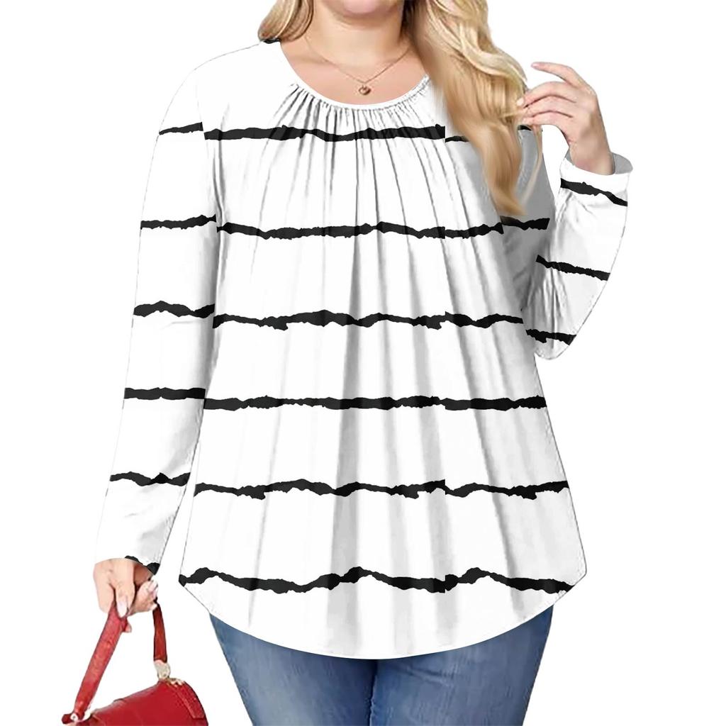 Женский модный топ большого размера с принтом, повседневный плиссированный, с круглым вырезом и длинными рукавами