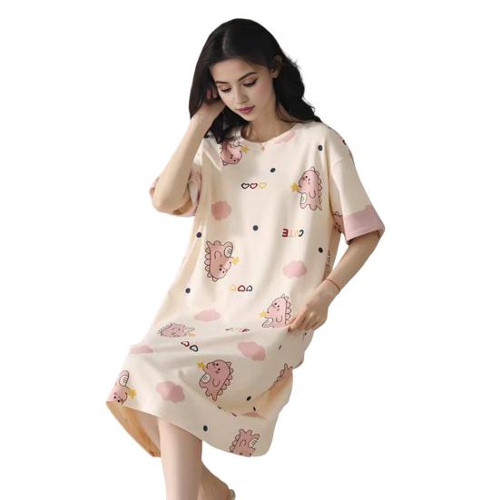 Женская летняя ночная рубашка с рисунком из мультфильма, О-образным вырезом, свободный короткий рукав, пуловер длиной до колена
