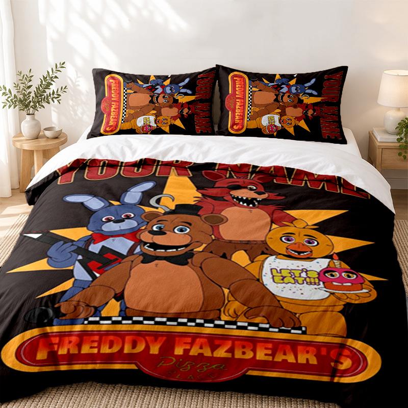 Five nights at freddy Custom Name 3pc set Perfect for bedroom use Comfortable bedding set includes a duvet cover and two pillowcases Ideal birthday or