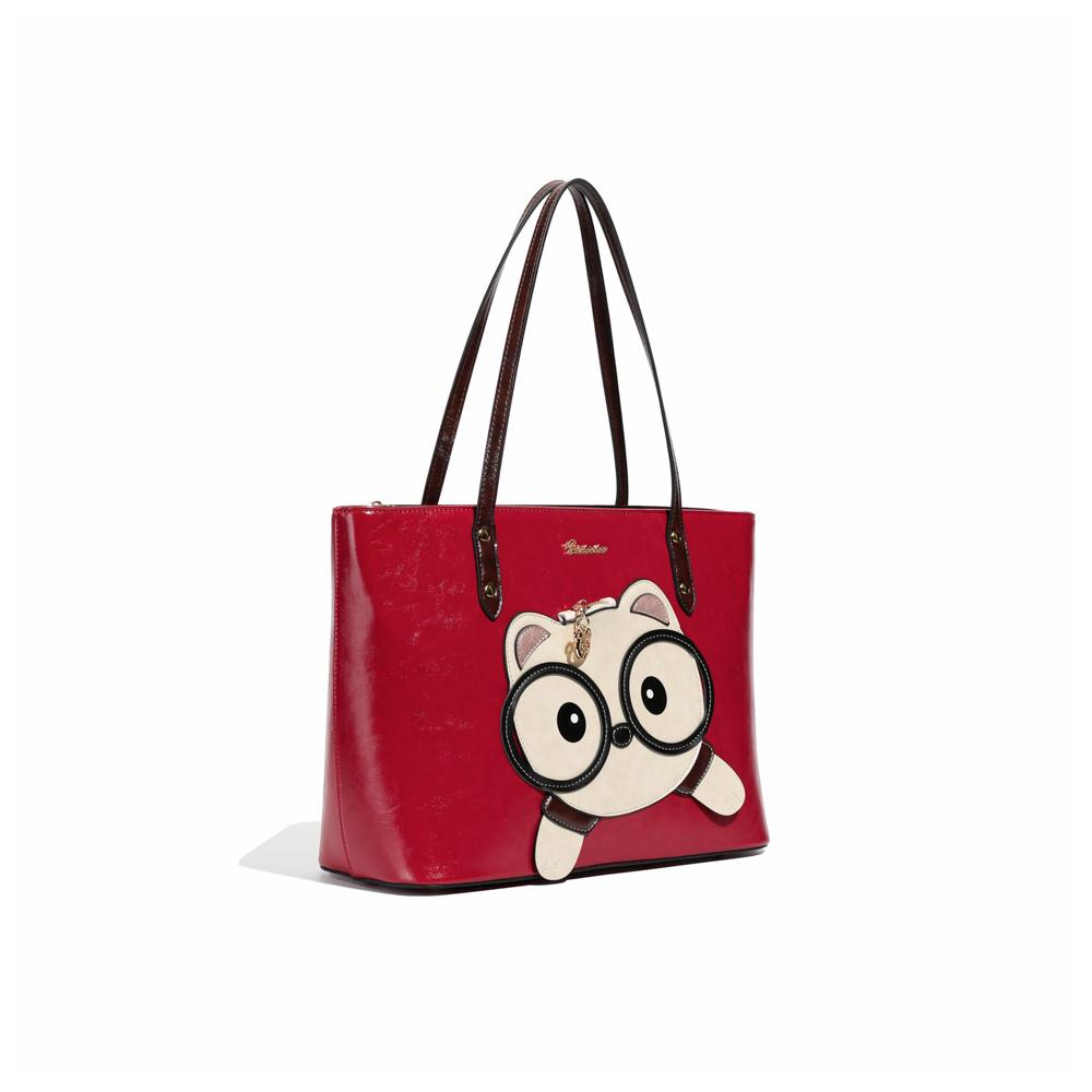 Women'S Large Capacity Red Tote Bag With Cute Panda Face Heart Cutouts Casual Outing Bridal Party Accessory Playful Design Fashion Handbag Lovers