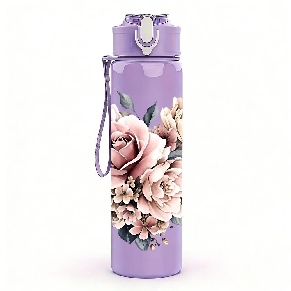 1PC Soft Pink Peony Flower Bouquet Print 750ml Color Plastic Sports Water Bottle Leakproof Flip Straw Lid Suitable for Sports Office Home Use