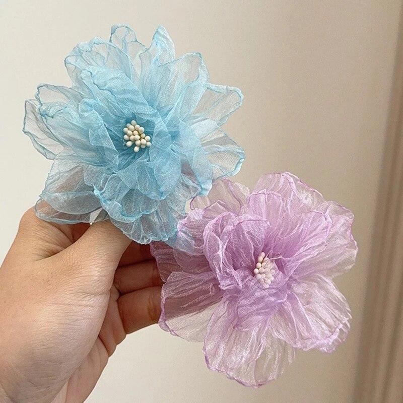 Новинка 2024 года, заколка для волос с большим цветком, модная шифоновая челка, заколки для волос, детские головные уборы для девочек, аксессуары для волос на отдыхе