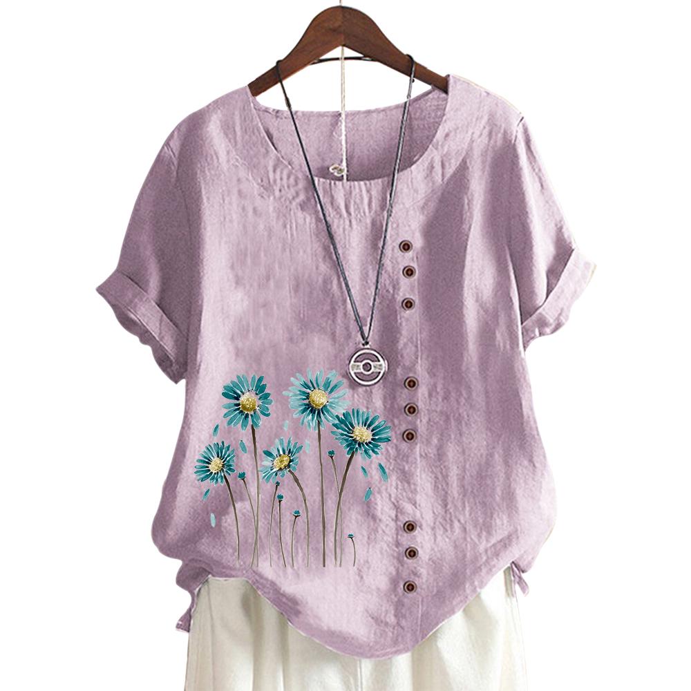 Trendy Ladies' Short Sleeve Top with 11 Colorful Floral Patterns and Round Neck