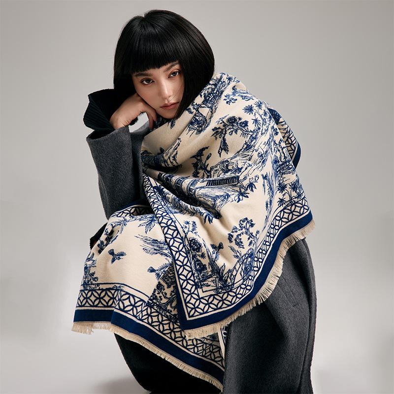 Antique Winter Warm Fashion Advanced Sense Age-Reducing Scarf Literary And Retro Double-Sided Shawl Cape Versatile Scarf Women