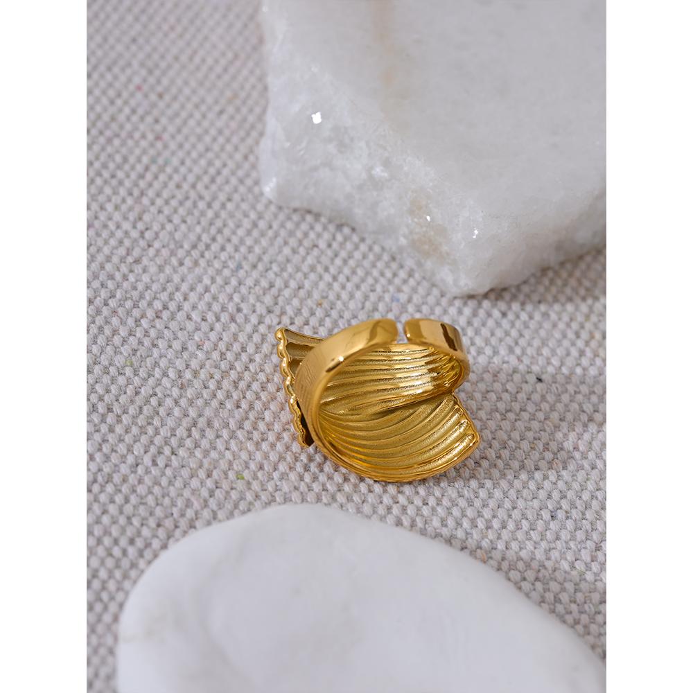 Yhpup New Stainless Steel Metal Geometric Golden Wide Ring Statement Texture 18K PVD Plated Attractive Jewelry Bijoux