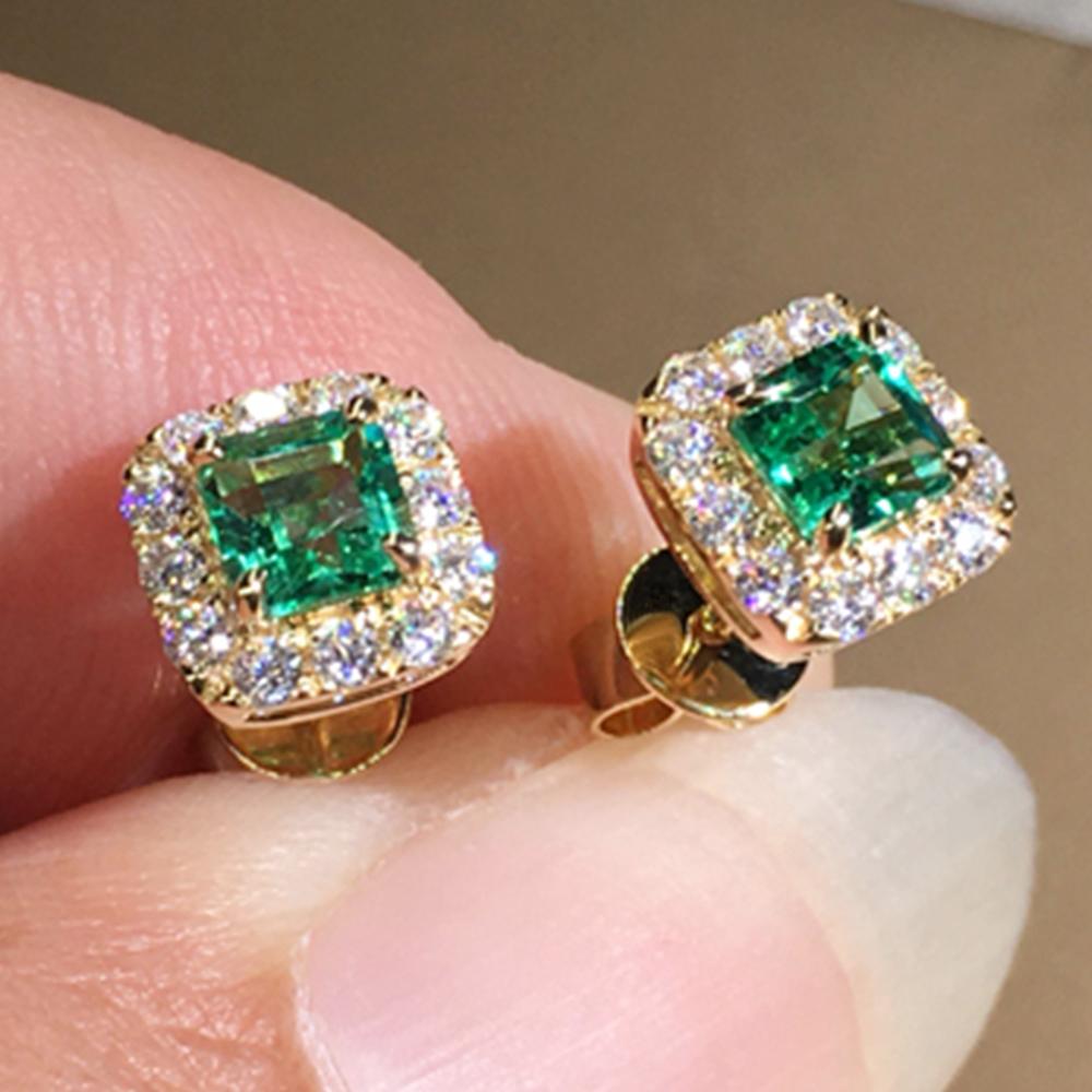 Серьги-пусеты Huitan Eternity Green CZ для женщин, золотистого цвета, роскошные свадебные серьги для невесты, элегантные аксессуары для ушей, циркон для вечеринки