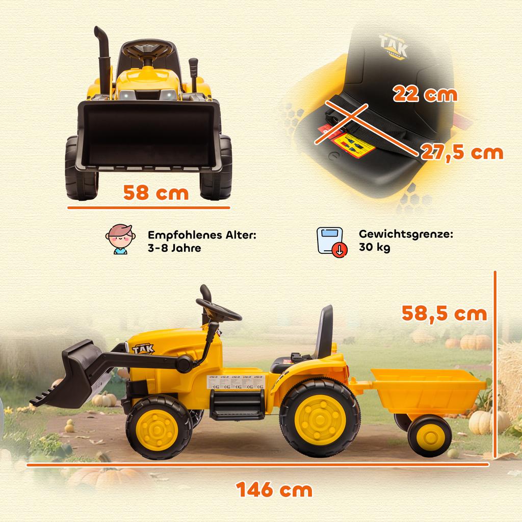 Electric Ride-On Construction Vehicle, Toy Excavator with Trailer, 3-8 Years, Plastic, Steel, Yellow