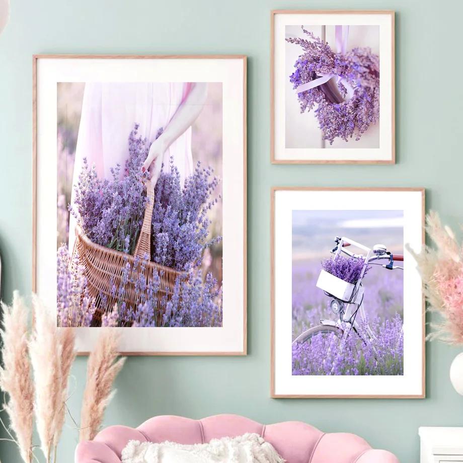 Lavender Wreath Train Bike Purple Landscape Wall Art Nordic PostersCanvas Painting And Prints Wall Pictures Living Room Decor