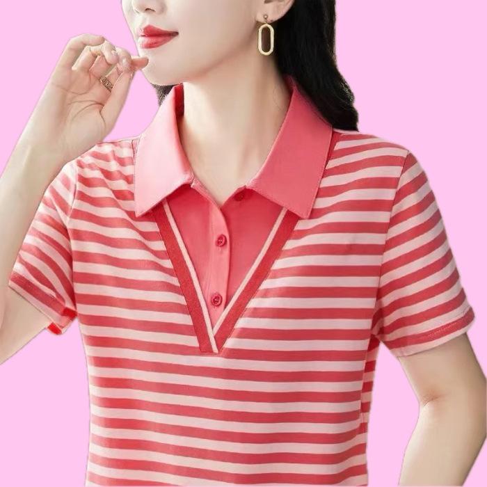 Striped Short-sleeved T-shirt Women's New Summer Large-size POLO Shirt with Lapel Loose Thin Top