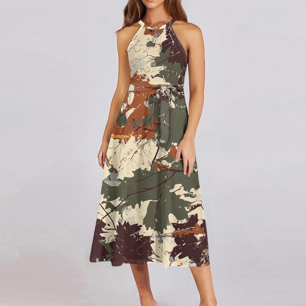 Женское повседневное платье миди с круглым вырезом, классическое, повседневное, без рукавов, свободное платье в стиле бохо с завязками, летний пляжный сарафан