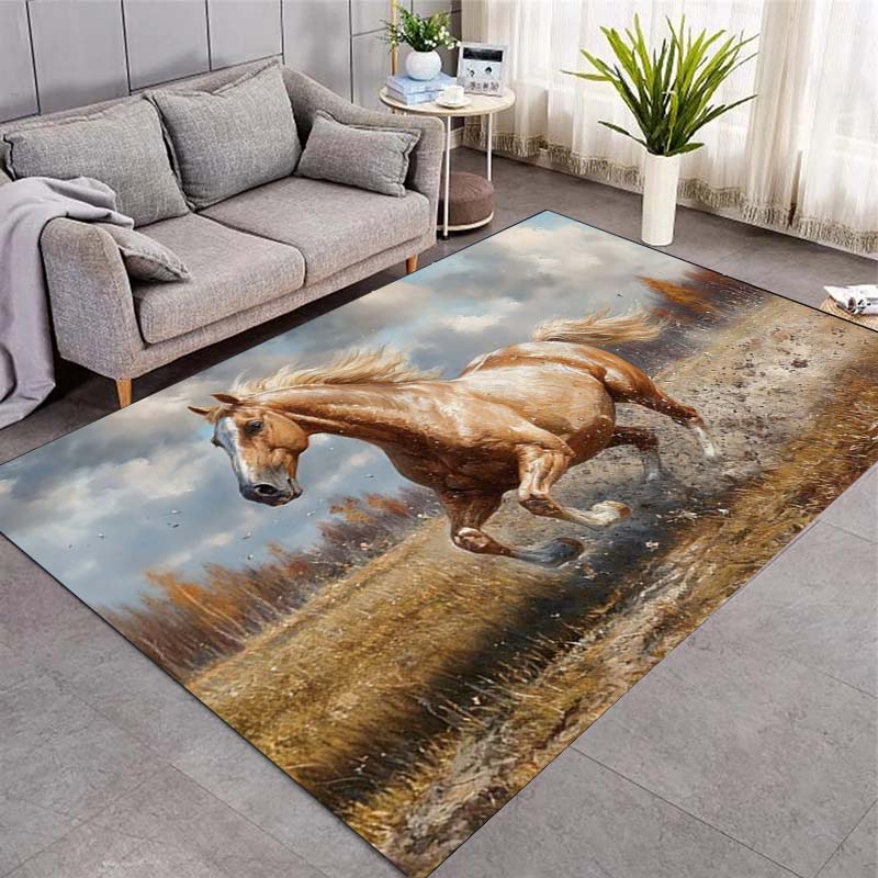 Horses Running in Water Area Rug, Group of Multi-color Horses Oil Painting Print Non Slip Floor Rug Home Decor
