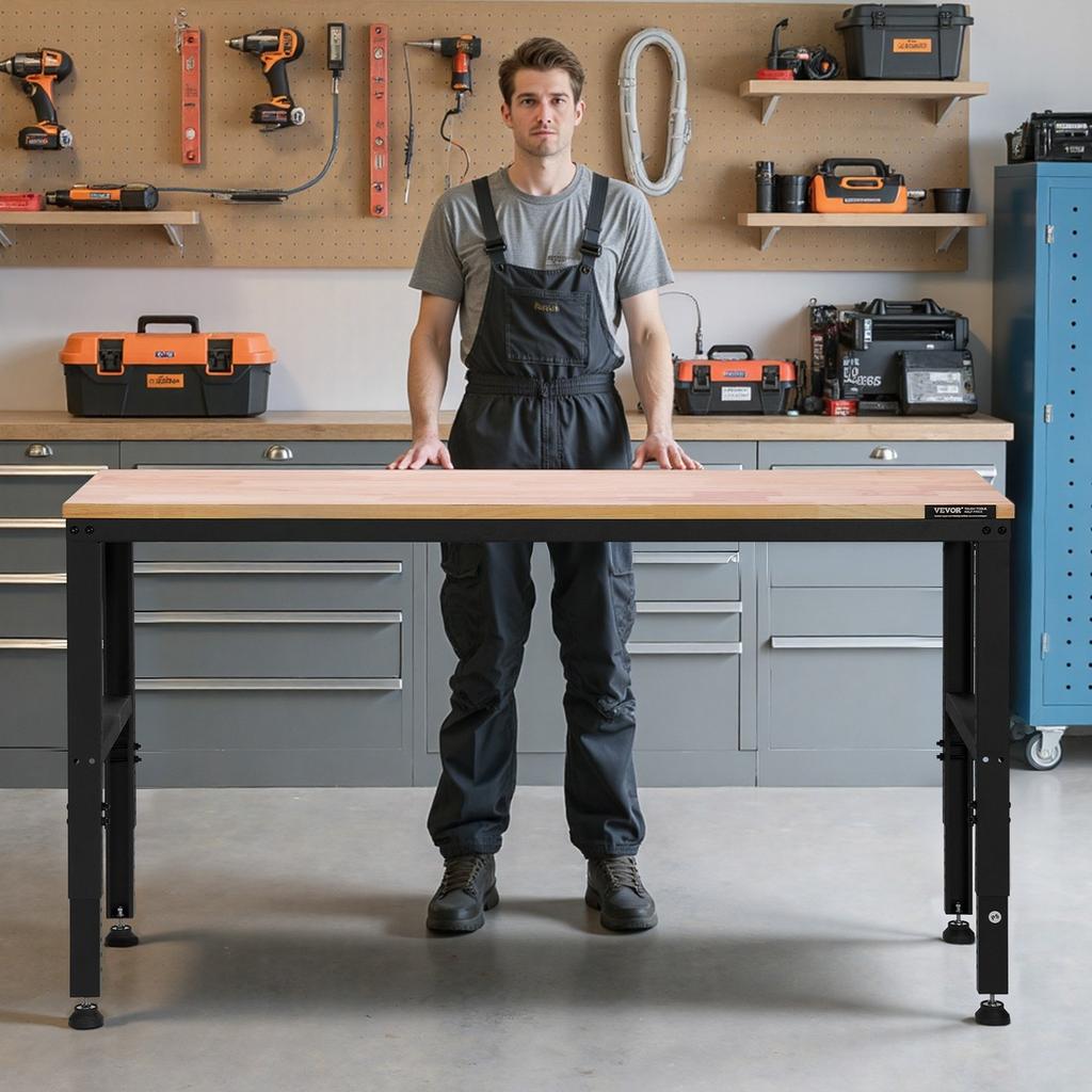 Adjustable Height Workbench 61"L x 20"W Work Bench Table with Power Outlet
