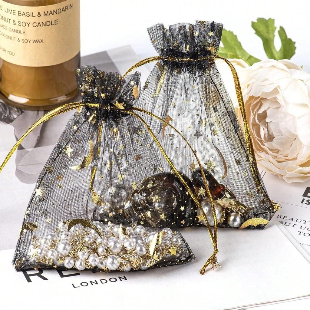 Moon & Star Printed Drawstring Organza Bags, Black, Candy Gift Bags, for Cosmetics, Party, Jewelry and Festivals, 3.5x4.7inch (9x12cm)