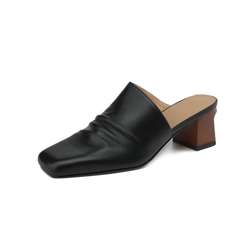 Мода 2025 Лето Новая Натуральная Кожа Ретро Полу-драг Мюли Женские Женские Высокий Каблук Квадратный Носок Повседневная Обувь Женские Шлепанцы