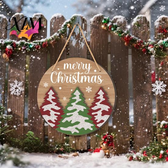 Decorative Board with Hemp Rope Round 2D Wooden Welcome Sign, Farmhouse Christmas Door Hanger Rope, Deer Indoor Outdoor Festive Ornament Tree