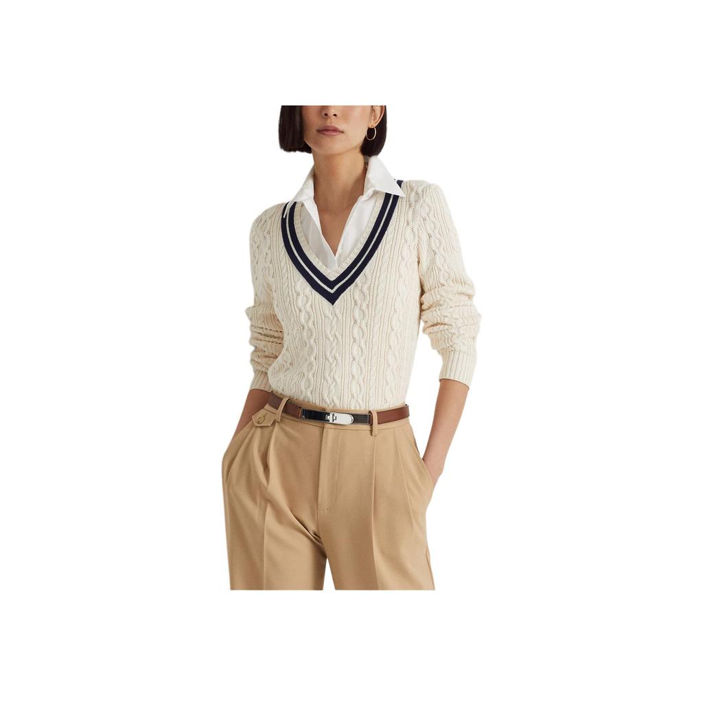 Polo Ralph Lauren SS23 Свитер-пуловер с V-образным вырезом, крупной кабельной вязкой и цветовыми блоками, женский, цвет молочный 200902626-001
