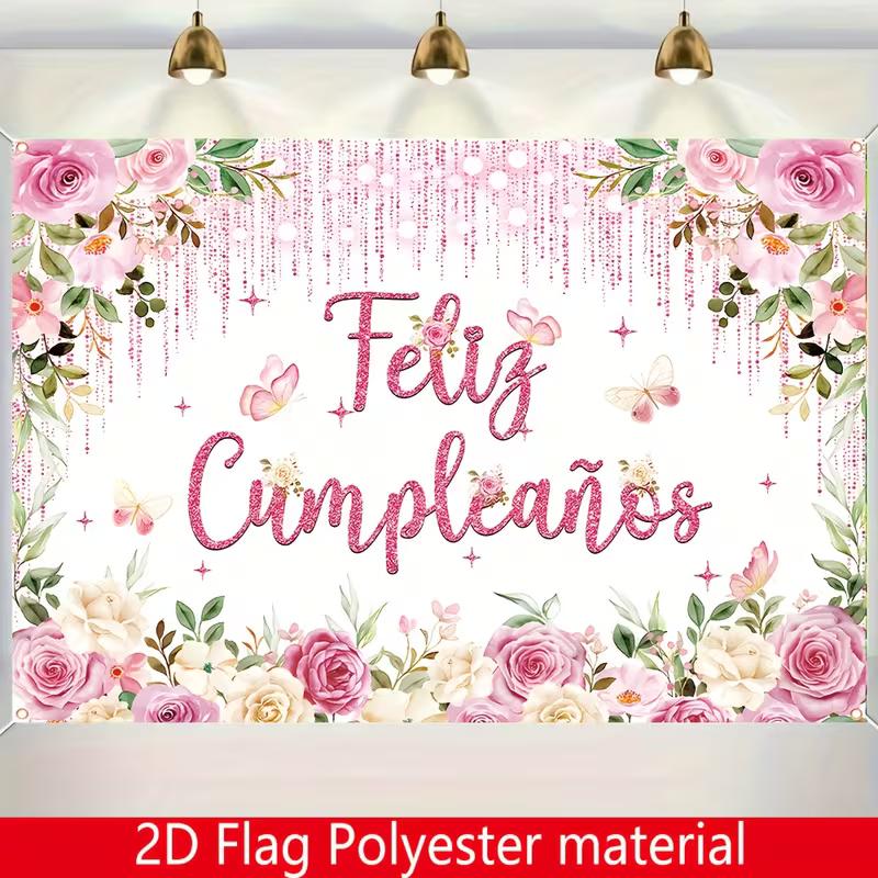 2D Spanish Birthday Wall Decor, Pink Rose Butterfly Feliz Cumpleaños Backdrop
